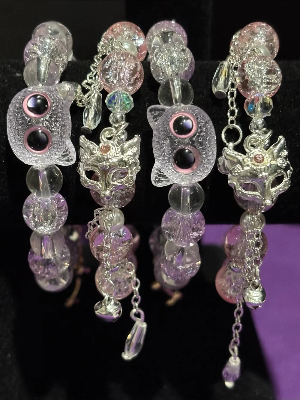 Halloween Lilac & Pink Glass Beaded Cat Mask Charm Cat Accent Bracelet 4pc Set